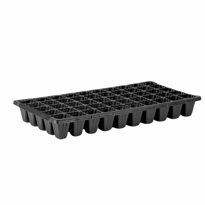 Black plastic seed tray on a white background