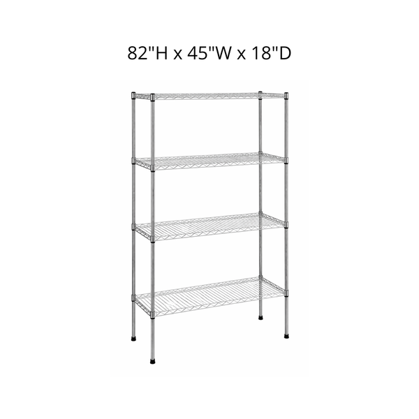 Metal shelving unit with dimensions on a white background
