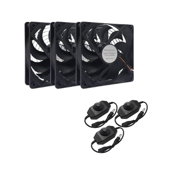 Three black fans with a white label and three black fan controllers on a white background.