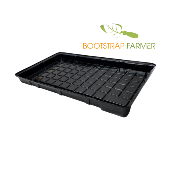 Black plastic seedling tray with 'Bootstrap Farmer' logo on a white background