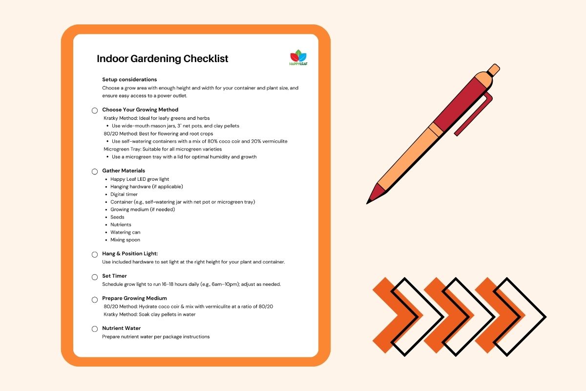 Indoor gardening checklist with a pen and arrows on a beige background