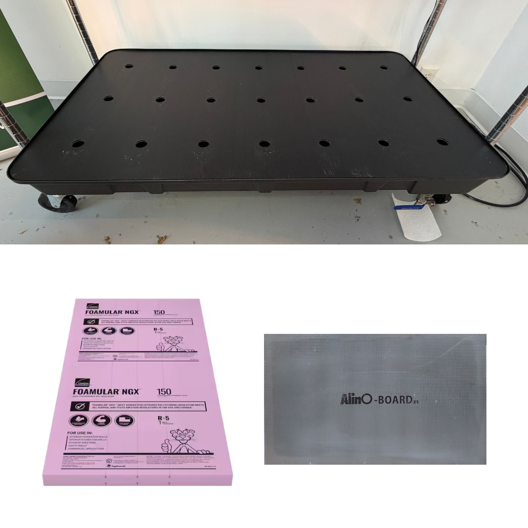 Black foam board with a pink foamular box and gray foam board labeled 'AlmO-BOARD' on a white background.