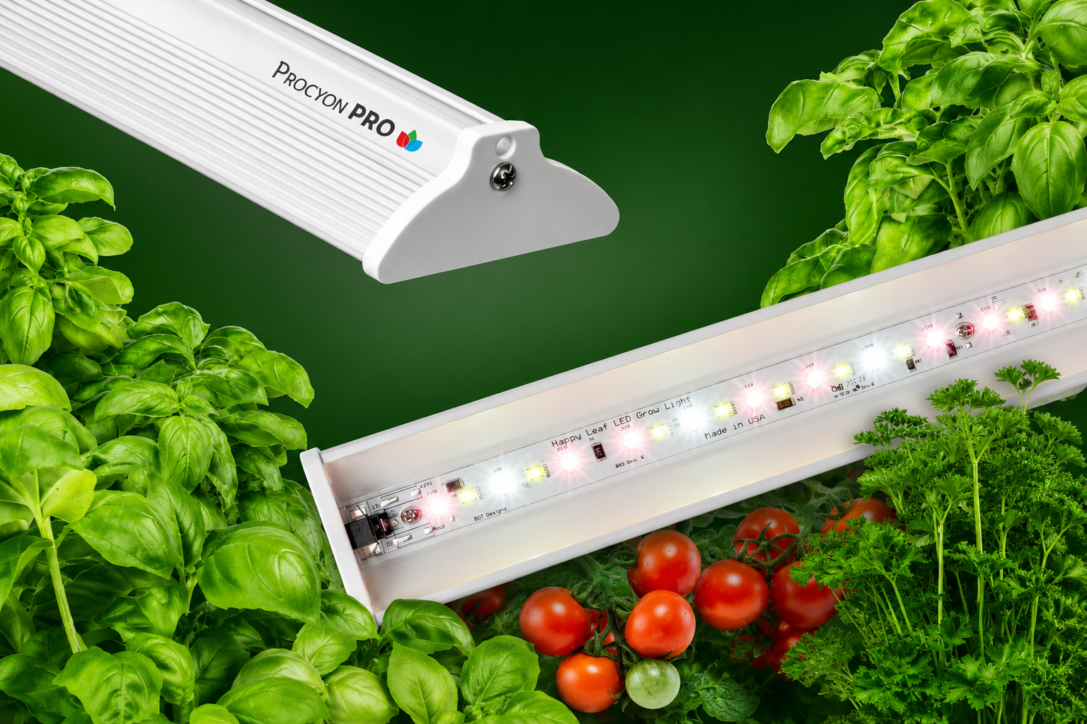 Procyon PRO LED grow light with plants and tomatoes on a green background
