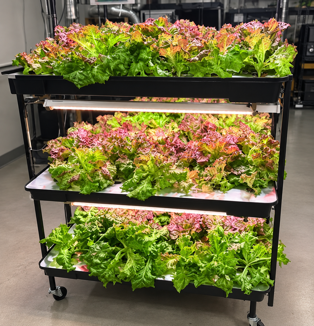 cart with three sections growing lettuce under lights