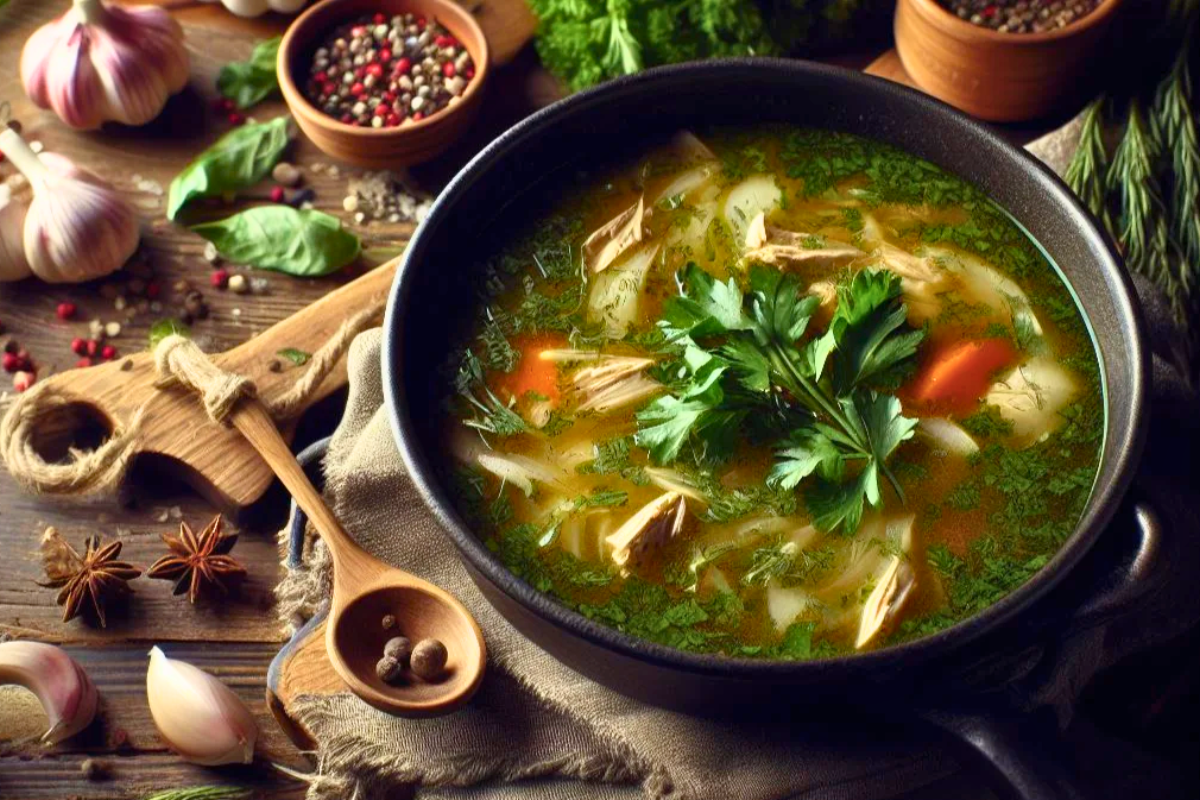 Bowl of soup with vegetables on a wooden table with herbs and spices.