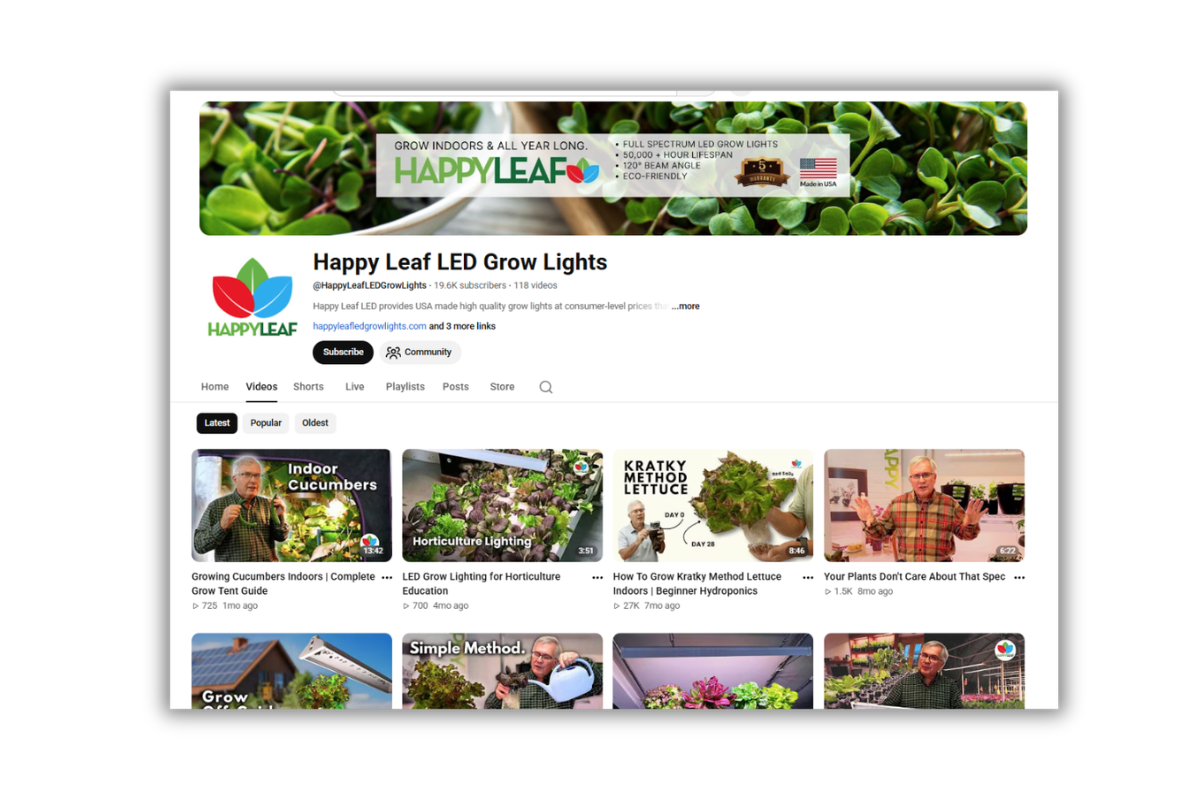 Happy Leaf LED Grow Lights website homepage with various product images and videos.