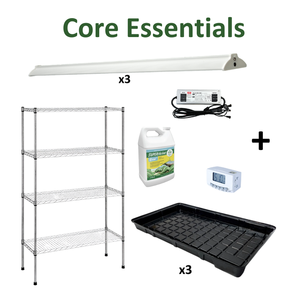 Set of core essentials for indoor gardening including a LED grow light, shelving unit, nutrients, timer, and trays.