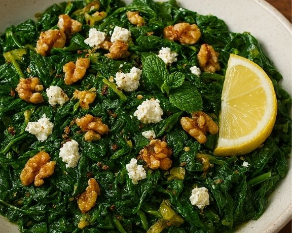 Spinach dish with walnuts, feta cheese, and lemon wedge on a white plate