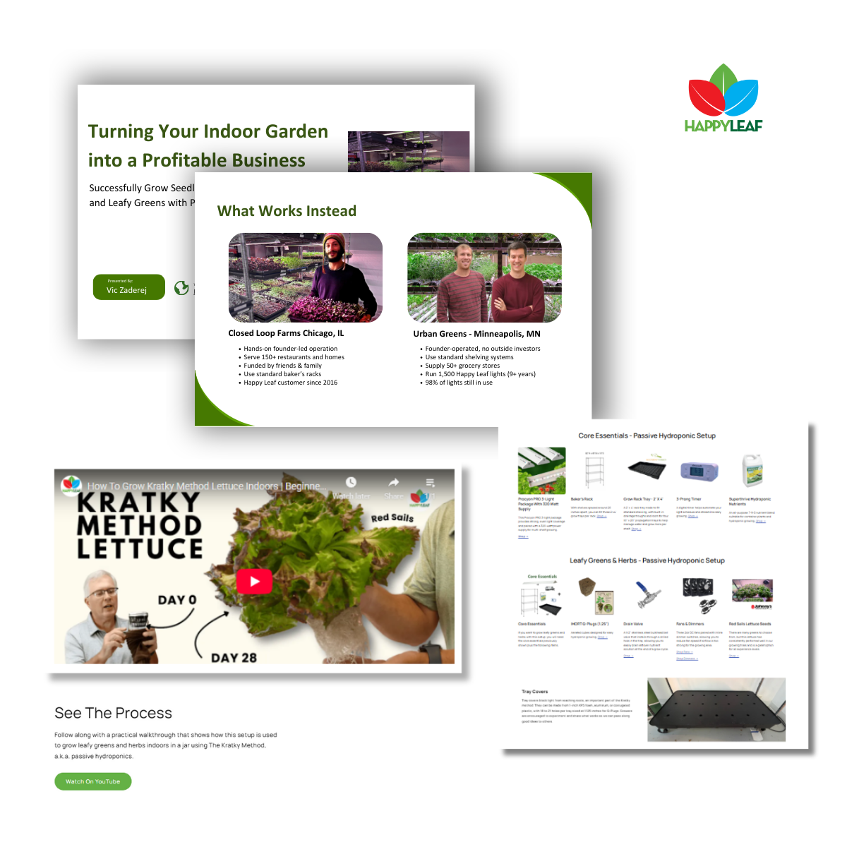 Collage of Happy Leaf promotional materials including slides and a website layout.